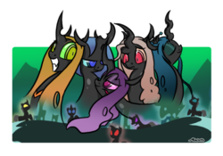 Size: 600x421 | Tagged: safe, artist:srmario, queen chrysalis, oc, oc:ambrosia, oc:calliphora, oc:miasma, oc:myxine, changeling, changeling queen, g4, bedroom eyes, blue changeling, changeling oc, changeling queen oc, eyes closed, female, grin, looking at you, out of frame, purple changeling, quintet, raised eyebrow, red changeling, smiling, yellow changeling