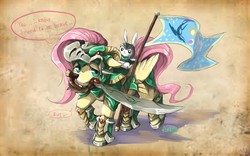 Size: 2144x1337 | Tagged: safe, artist:audrarius, angel bunny, fluttershy, pegasus, pony, g4, angel riding fluttershy, armor, flag, mouth hold, rabbits riding ponies, riding, scimitar, speech bubble, sword
