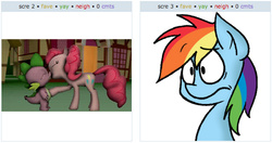 Size: 523x277 | Tagged: safe, artist:strangiesleepy, artist:twily404, pinkie pie, rainbow dash, spike, dragon, pony, g4, 3d, exploitable meme, female, juxtaposition, juxtaposition win, kissing, love, male, mare, meme, ship:pinkiespike, shipping, source filmmaker, straight