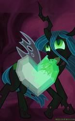 Size: 720x1165 | Tagged: safe, artist:meliophegor, queen chrysalis, changeling, changeling queen, g4, crystal heart, feeding, female, solo