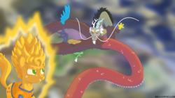 Size: 1156x650 | Tagged: safe, artist:meliophegor, applejack, discord, draconequus, earth pony, pony, g4, crossover, dragon ball, dragon ball z, duo, male, parody, shenlong, stallion, super saiyan