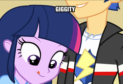 Size: 839x574 | Tagged: safe, edit, edited screencap, screencap, flash sentry, twilight sparkle, equestria girls, g4, my little pony equestria girls, caption, cropped, female, funny, funny as hell, giggity, image macro, licking, licking lips, male, meme, out of context, tongue out