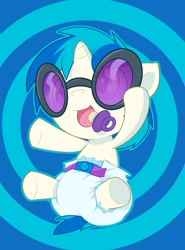 Size: 947x1280 | Tagged: safe, artist:cuddlehooves, dj pon-3, vinyl scratch, pony, unicorn, g4, baby, baby pony, cuddlehooves is trying to murder us, cute, diaper, female, filly, foal, hooves, horn, open mouth, pacifier, poofy diaper, solo, sunglasses, vinylbetes