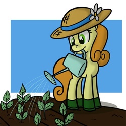 Size: 500x500 | Tagged: source needed, safe, carrot top, golden harvest, g4, 30 minute art challenge, cute, cutie top, female, flower, gardening, hat, solo, watering can