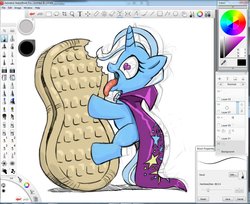 Size: 1280x1042 | Tagged: safe, artist:kandlin, trixie, pony, unicorn, g4, cookie, female, heart eyes, mare, nutterbutter, peanut, solo, wingding eyes, wip