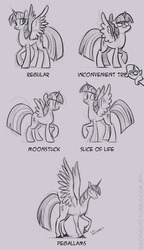 Size: 1103x1920 | Tagged: safe, artist:egophiliac, trixie, twilight sparkle, alicorn, pony, unicorn, moonstuck, slice of pony life, tumblr:inconvenient trixie, g4, female, hoers, inconvenient trixie, mare, monochrome, raised hoof, spread wings, style comparison, twilight sparkle (alicorn), twilight sparkle is not amused, unamused, wings, woonoggles