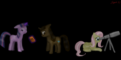 Size: 2000x1000 | Tagged: safe, artist:sygnusx1, fluttershy, twilight sparkle, oc, g4, night, stragazing, telescope