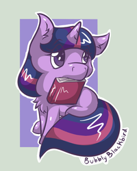 Size: 440x550 | Tagged: safe, artist:bubblyblackbird, twilight sparkle, g4, book, chest fluff, chibi, female, mouth hold, solo