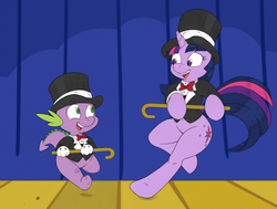 Size: 1213x917 | Tagged: safe, artist:joey darkmeat, artist:shawnyall, spike, twilight sparkle, dragon, pony, g4, bipedal, brother and sister, cane, clothes, cute, dancing, female, hat, male, siblings, spikabetes, stage, top hat, tuxedo, twiabetes