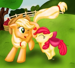 Size: 2000x1800 | Tagged: safe, artist:scooterloo, apple bloom, applejack, earth pony, pony, g4, adorabloom, apple, cute, eyes closed, female, filly, food, playful, pronking, sisters, tree
