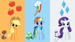 Size: 1920x1080 | Tagged: safe, artist:gustaviaable, applejack, opalescence, rainbow dash, rarity, tank, winona, g4, cutie mark, vector, wallpaper