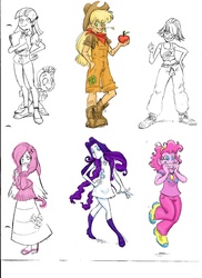 Size: 900x1238 | Tagged: source needed, safe, artist:envyskort, applejack, fluttershy, pinkie pie, rainbow dash, rarity, spike, twilight sparkle, human, g4, bandana, belly button, book, clothes, dress, high heels, humanized, mane seven, mane six, midriff, overalls, partial color, sandals, shoes, sketch dump, skirt, sneakers, sweater, sweatershy, sweatpants, tank top