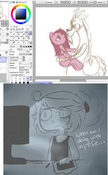 Size: 518x839 | Tagged: safe, artist:php9, discord, pinkie pie, human, g4, brony, computer, dark, drawing, ship:discopie, shipping, tablet, wip