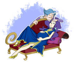 Size: 940x780 | Tagged: safe, artist:ssenarrya, fancypants, rarity, human, g4, clothes, dress, earring, eyes closed, fainting couch, female, high heels, horn, horned humanization, humanized, male, on back, pregnant, ship:raripants, shipping, sleeping, smiling, straight