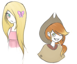 Size: 305x252 | Tagged: artist needed, safe, applejack, fluttershy, human, g4, humanized, natural hair color, portrait, western