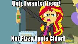 Size: 400x225 | Tagged: safe, edit, edited screencap, screencap, sunset shimmer, equestria girls, g4, my little pony equestria girls, apple cider, female, image macro, meme, solo