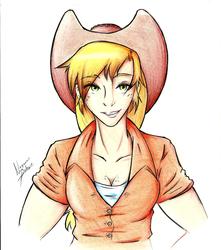 Size: 1700x1920 | Tagged: safe, artist:nayaasebeleguii, applejack, human, g4, cleavage, female, humanized, simple background, smiling, solo, traditional art