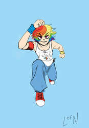 Size: 835x1200 | Tagged: safe, artist:theuglyother, rainbow dash, human, g4, action pose, clothes, converse, female, humanized, shoes, solo, wristband