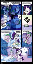 Size: 1397x2691 | Tagged: safe, artist:pepooni, rarity, spike, dragon, pony, unicorn, g4, comic, dialogue, egg (food), female, food, makeup, male, mare, monster