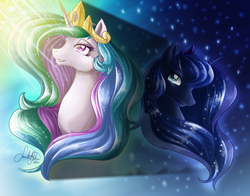 Size: 2298x1800 | Tagged: safe, artist:jadedjynx, princess celestia, princess luna, alicorn, pony, g4, bust, crying, female, jewelry, regalia, royal sisters, shadow, siblings, sisters, stars, sunlight