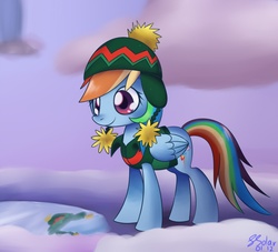 Size: 1100x1000 | Tagged: safe, artist:solar-slash, rainbow dash, g4, clothes, female, hat, snow, solo, winter