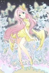 Size: 1168x1730 | Tagged: safe, artist:lillin, fluttershy, butterfly, human, rabbit, g4, animal, beautiful, clothes, cute, dress, female, humanized, legs, pixiv, scenery, scenery porn, shyabetes, solo, winged humanization, wings