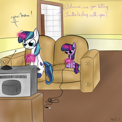 Size: 1000x1000 | Tagged: safe, artist:rodolfomushi, shining armor, twilight sparkle, g4, brother and sister, colt, controller, couch, duo, female, filly, implied twilight velvet, levitation, magic, male, telekinesis, television, trolling, video game, younger