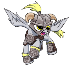 Size: 814x759 | Tagged: safe, artist:desert-sage, derpy hooves, pegasus, pony, g4, armor, dovahkiin, female, helmet, horned helmet, mare, skyrim, solo, the elder scrolls