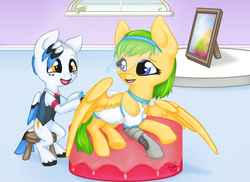 Size: 1048x763 | Tagged: safe, artist:imaginarypony, oc, oc only, oc:gold star, oc:pin stitch, cyborg, pegasus, pony, amputee, clothes, dress, pale orange, prosthetic limb, prosthetics, veil, wedding, wedding dress, white, wings