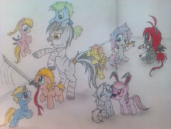 Size: 1280x960 | Tagged: safe, artist:dragon0693, oc, oc only, oc:chinook, oc:fourcannon, oc:honey rose, oc:liven up, oc:mary o'nette, oc:quicksilver, pegasus, pony, unicorn, zebra, cute, eyes closed, floppy ears, frown, horn, licking, mouth hold, nom, one eye closed, open mouth, pegasus oc, ponies riding zebras, pony hat, rearing, riding, sitting, smiling, sword, tail bite, traditional art, unicorn oc, weapon, wings, wink, zebra oc