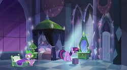 Size: 772x425 | Tagged: safe, screencap, spike, twilight sparkle, equestria girls, g4, my little pony equestria girls, bed, duo, glowing horn, horn, suitcase, twilight sparkle (alicorn)