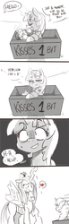 Size: 553x1800 | Tagged: safe, artist:xieril, idw, queen chrysalis, sweetcream scoops, changeling, pony, unicorn, g4, bits, comic, eyes closed, female, heart, kissing booth, mare, money, mouth hold, open mouth, sketch, smiling, sweat