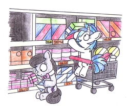 Size: 1476x1296 | Tagged: safe, artist:bobthedalek, dj pon-3, octavia melody, vinyl scratch, earth pony, pony, unicorn, g4, cart, cute, duo, female, funny, shopping, shopping cart