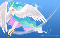 Size: 1024x659 | Tagged: safe, artist:mistiqarts, princess celestia, human, g4, alicorn humanization, elf ears, female, horn, horned humanization, humanized, pony coloring, solo, winged humanization