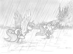 Size: 1500x1101 | Tagged: safe, artist:onkelscrut, princess celestia, princess luna, alicorn, pony, g4, canterlot, duo, female, grayscale, mare, missing accessory, monochrome, rain, royal sisters, running, spread wings, wings, younger