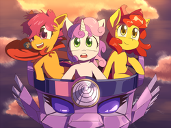 Size: 666x499 | Tagged: safe, artist:7nights, apple bloom, scootaloo, sweetie belle, twilight sparkle, alicorn, earth pony, mecha pony, pegasus, pony, robot, robot pony, unicorn, g4, crossover, cutie mark crusaders, giant robot, mecha, reference, spread wings, tengen toppa gurren lagann, twibot, twilight sparkle (alicorn), wings