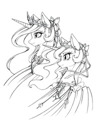 Size: 1027x1303 | Tagged: safe, artist:longinius, princess celestia, princess luna, alicorn, pony, g4, grayscale, monochrome