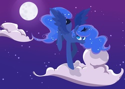 Size: 2100x1500 | Tagged: safe, artist:foxda, princess luna, alicorn, pony, g4, cloud, cloudy, colored pupils, female, flying, moon, night, night sky, sky, smiling, solo, spread wings, stars, wings