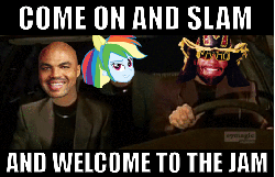Size: 532x344 | Tagged: safe, rainbow dash, human, equestria girls, g4, animated, charles barkley, come on and slam, crossing the memes, female, image macro, irl, male, meme, night at the roxbury, photo, randy savage, welcome to the jam, what is love