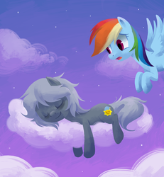 Size: 700x758 | Tagged: safe, artist:reuniclus, rainbow dash, oc, oc:sleepyhead, g4, cloud, cloudy, sleeping