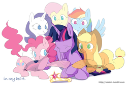 Size: 800x537 | Tagged: safe, artist:sion, applejack, fluttershy, pinkie pie, rainbow dash, rarity, twilight sparkle, alicorn, pony, g4, element of magic, female, immortality blues, mare, sad, twilight sparkle (alicorn), twilight will outlive her friends