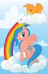 Size: 2076x3180 | Tagged: safe, artist:friedavanraevels, duck soup, sprinkles (g1), duck, g1, g4, cloud, cloudy, g1 to g4, generation leap, rain, rainbow, swimming pool, waterfall