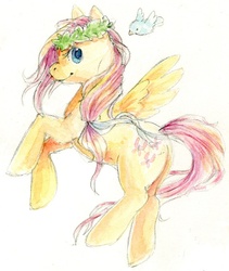 Size: 572x679 | Tagged: safe, artist:wyshlexia, fluttershy, bird, g4, female, floral head wreath, looking at you, prancing, simple background, solo, spread wings, traditional art