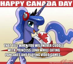 Size: 542x475 | Tagged: safe, artist:johnjoseco, princess luna, gamer luna, g4, canada, canada day, feels, flag, headphones, image macro, pancakes, snuggling, text, you will never x