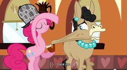 Size: 640x355 | Tagged: safe, screencap, mulia mild, pinkie pie, donkey, earth pony, pony, g4, mmmystery on the friendship express, bubble pipe, deerstalker, detective, duo, female, hat, mare, mlp-captions, sherlock pie, youtube caption
