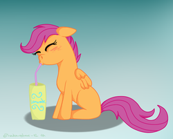 Size: 512x412 | Tagged: safe, artist:shadowstar-12, scootaloo, pegasus, pony, g4, blank flank, blushing, cute, cutealoo, drink, drinking, drinking straw, eyes closed, female, filly, floppy ears, foal, folded wings, gradient background, lemonade, signature, sitting, solo, straw, wings