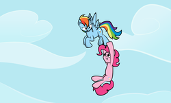 Size: 2592x1552 | Tagged: safe, artist:parttimebrony, pinkie pie, rainbow dash, g4, female, flying, hanging, lesbian, ship:pinkiedash, shipping, suspended