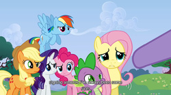 Size: 640x355 | Tagged: safe, screencap, applejack, fluttershy, pinkie pie, rainbow dash, rarity, spike, twilight sparkle, g4, mane six, youtube caption