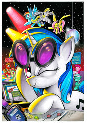 Size: 600x843 | Tagged: safe, artist:andypriceart, idw, big macintosh, derpy hooves, dj pon-3, fluttershy, lyra heartstrings, pinkie pie, rainbow dash, sweetcream scoops, vinyl scratch, earth pony, pegasus, pony, unicorn, g4, big scoops, comic cover, cover, crazy horse, disco ball, female, headphones, male, mare, no logo, one eye closed, ponified, stallion, textless, the baboons, the beach boys, the beach colts, the galloping stones, the monkees, the rolling stones, turntable, wink