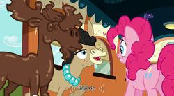 Size: 640x355 | Tagged: safe, screencap, mulia mild, pinkie pie, earth pony, hybrid, mule, pony, g4, mmmystery on the friendship express, chocolate, food, jewelry, light, necklace, window, youtube caption